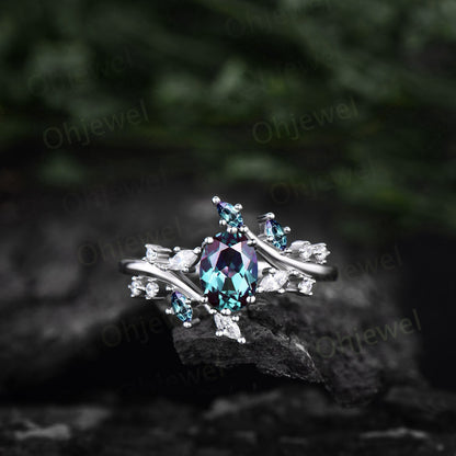 1ct oval cut Alexandrite ring gold silver for women vintage unique Alexandrite engagement ring cluster marquise cut diamond promise ring