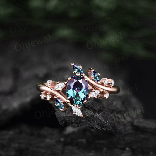 1ct oval cut Alexandrite ring gold silver for women vintage unique Alexandrite engagement ring cluster marquise cut diamond promise ring