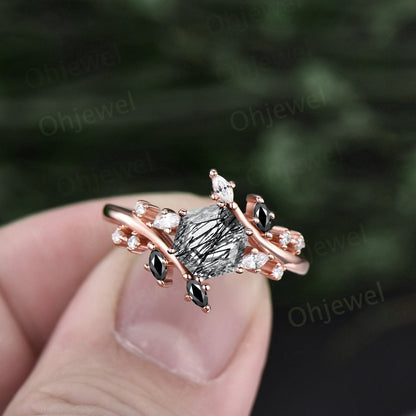 1ct Hexagon cut black rutilated quartz engagement ring solid 14k rose gold dainty maquise cut diamond moissanite anniversary ring women gift