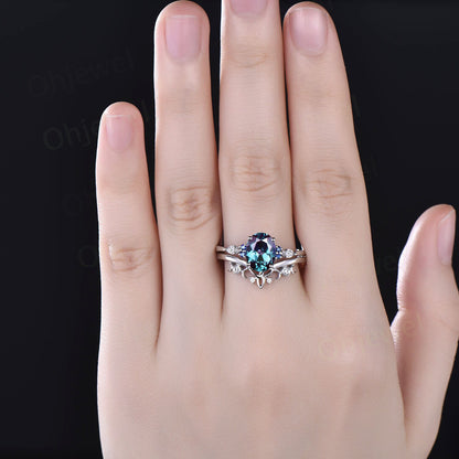 2ct oval cut Alexandrite engagement ring set 14k white gold silver natural sappire ring marquise cut moissanite ring women bridal sets gifts