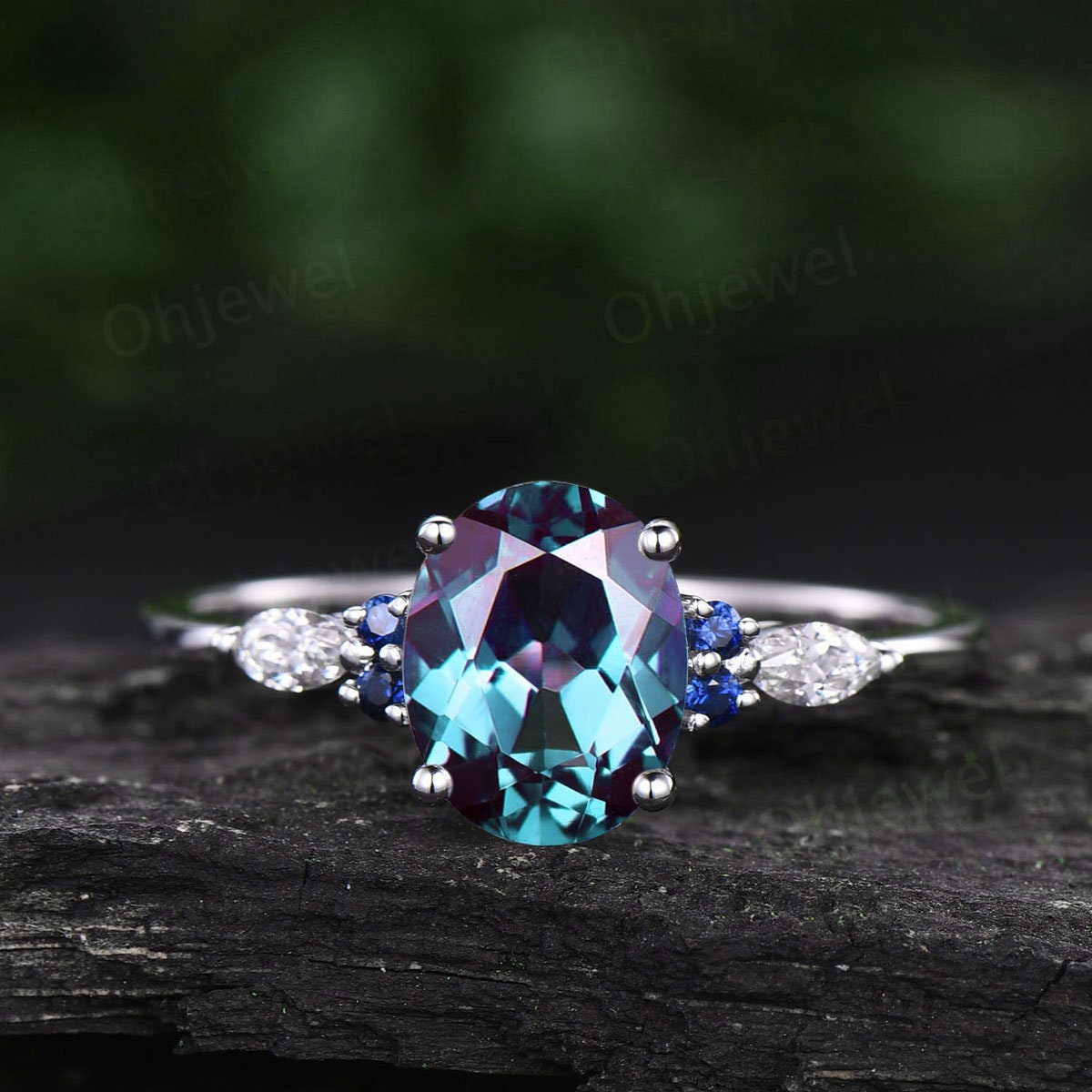 2ct oval cut Alexandrite engagement ring set 14k white gold silver natural sappire ring marquise cut moissanite ring women bridal sets gifts