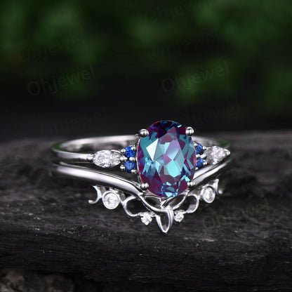 2ct oval cut Alexandrite engagement ring set 14k white gold silver natural sappire ring marquise cut moissanite ring women bridal sets gifts