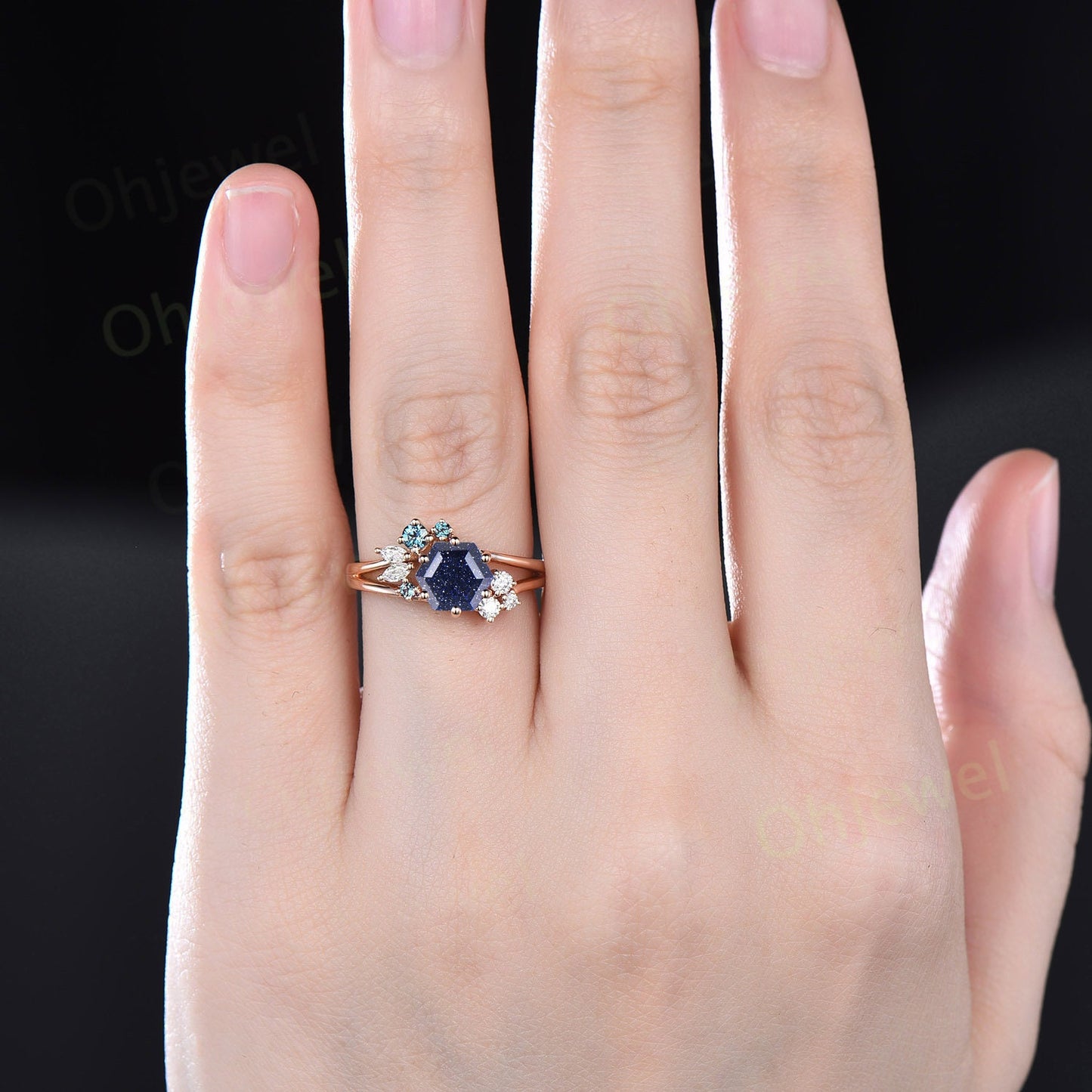 7mm Hexagon cut blue sandstone goldstone engagement ring rose gold silver cluster alexandrite ring split shank diamond wedding ring women