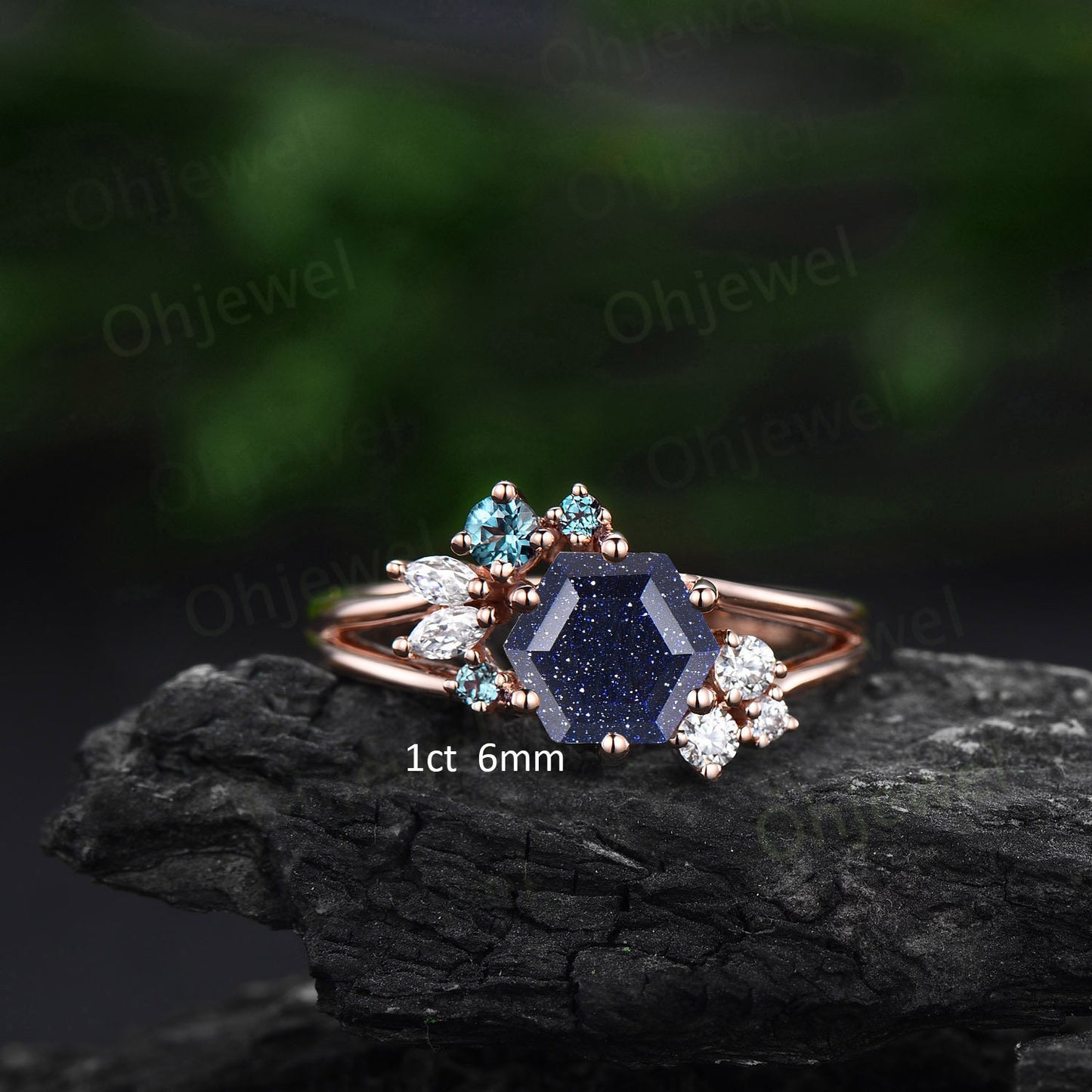7mm Hexagon cut blue sandstone goldstone engagement ring rose gold silver cluster alexandrite ring split shank diamond wedding ring women