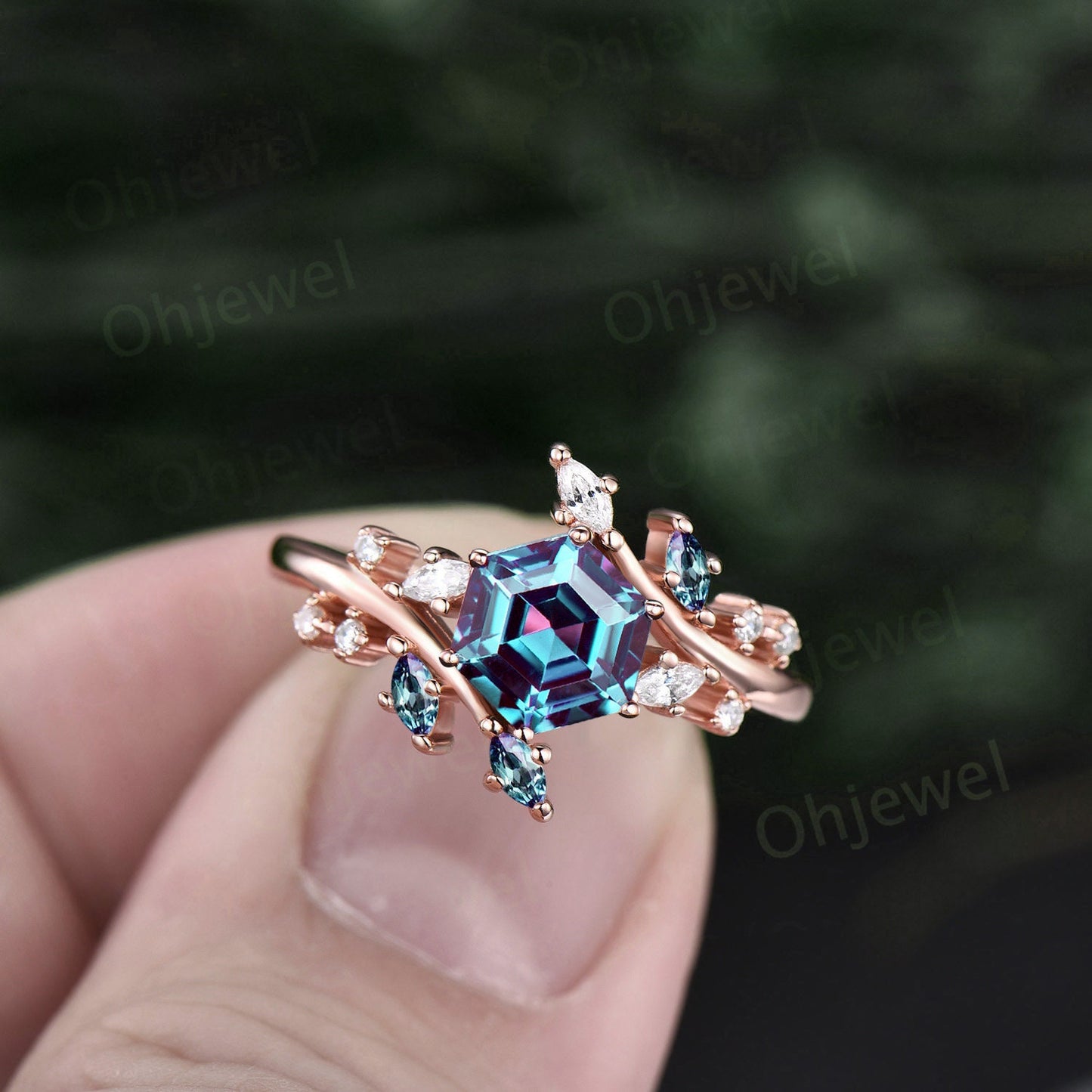 1ct hexagon cut Alexandrite engagement ring 14k rose gold sterling silver Leaves marquise diamond moissanite anniversary ring women gifts