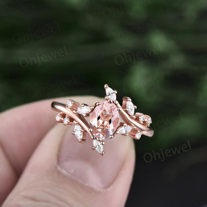 1ct oval natural morganite engagement ring 14k rose gold sterling silver marquise cut diamond moissanite wedding anniversary ring women gift