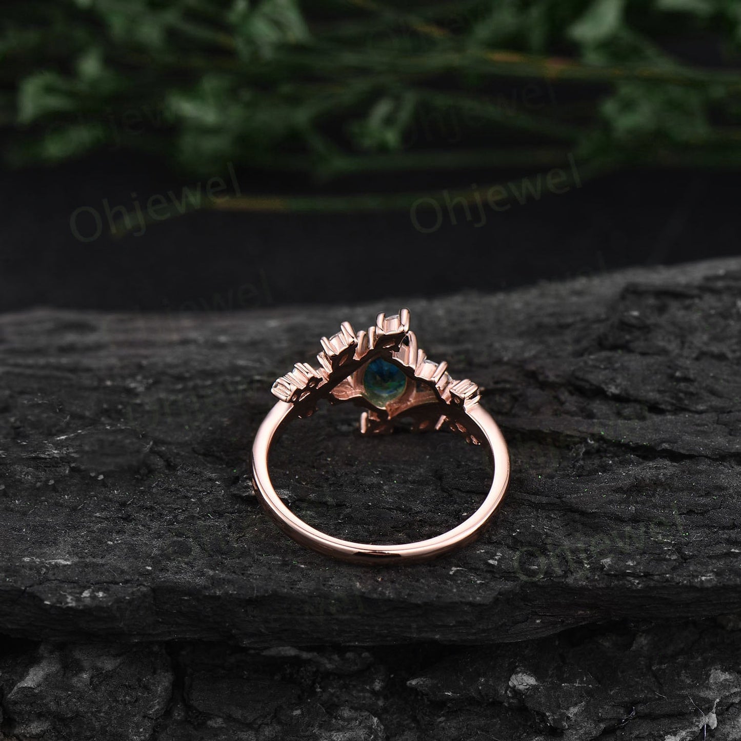 Hexagon cut green moss agate engagement ring rose gold Nature inspired leaf twig diamond ring women cluster alexandrite ring silver gift