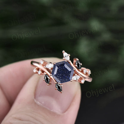 1ct hexagon cut blue sandstone engagement ring 14k rose gold sterling silver marquise cut diamond black spinel anniversary ring for women