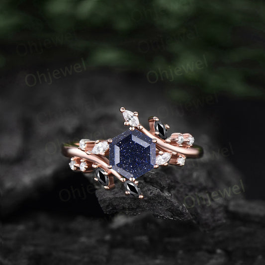 1ct hexagon cut blue sandstone engagement ring 14k rose gold sterling silver marquise cut diamond black spinel anniversary ring for women