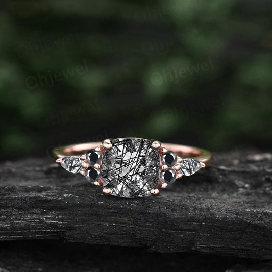 Vintage cushion cut black rutilated quartz ring rose gold unique engagement ring women marquise cut ring black diamond promise ring her gift