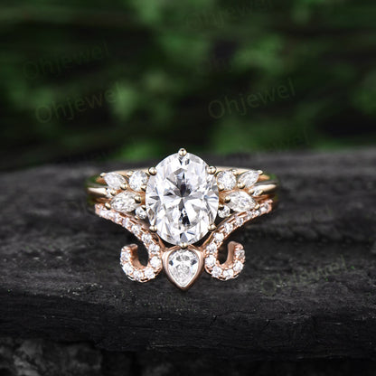 Vintage 2ct oval moissanite engagement ring yellow gold unique marquise cluster engagement ring women diamond ring set promise ring set her