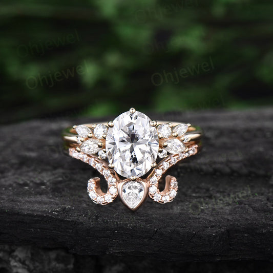 Vintage 2ct oval moissanite engagement ring yellow gold unique marquise cluster engagement ring women diamond ring set promise ring set her