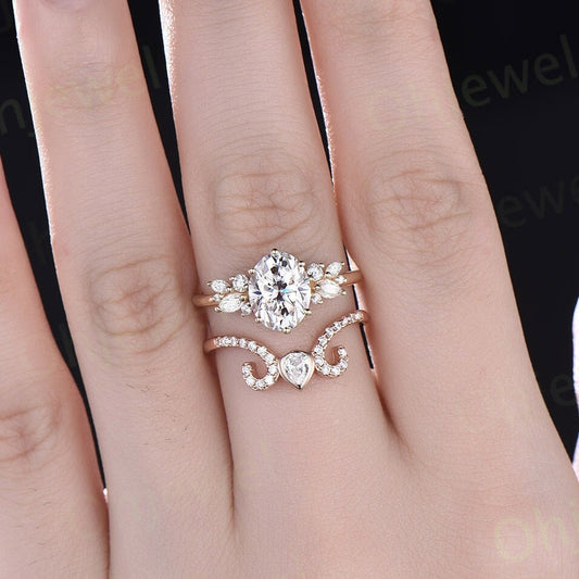 Vintage 2ct oval moissanite engagement ring yellow gold unique marquise cluster engagement ring women diamond ring set promise ring set her
