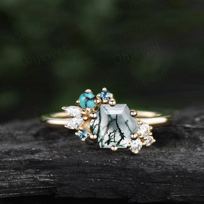 Hexagon cut green moss agate ring rose gold silver vintage unique engagement ring cluster turquoise alexandrite diamond wedding ring women