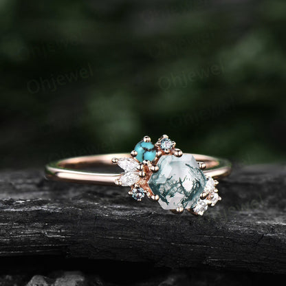 Hexagon cut green moss agate ring rose gold silver vintage unique engagement ring cluster turquoise alexandrite diamond wedding ring women