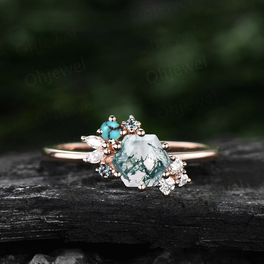 Hexagon cut green moss agate ring rose gold silver vintage unique engagement ring cluster turquoise alexandrite diamond wedding ring women