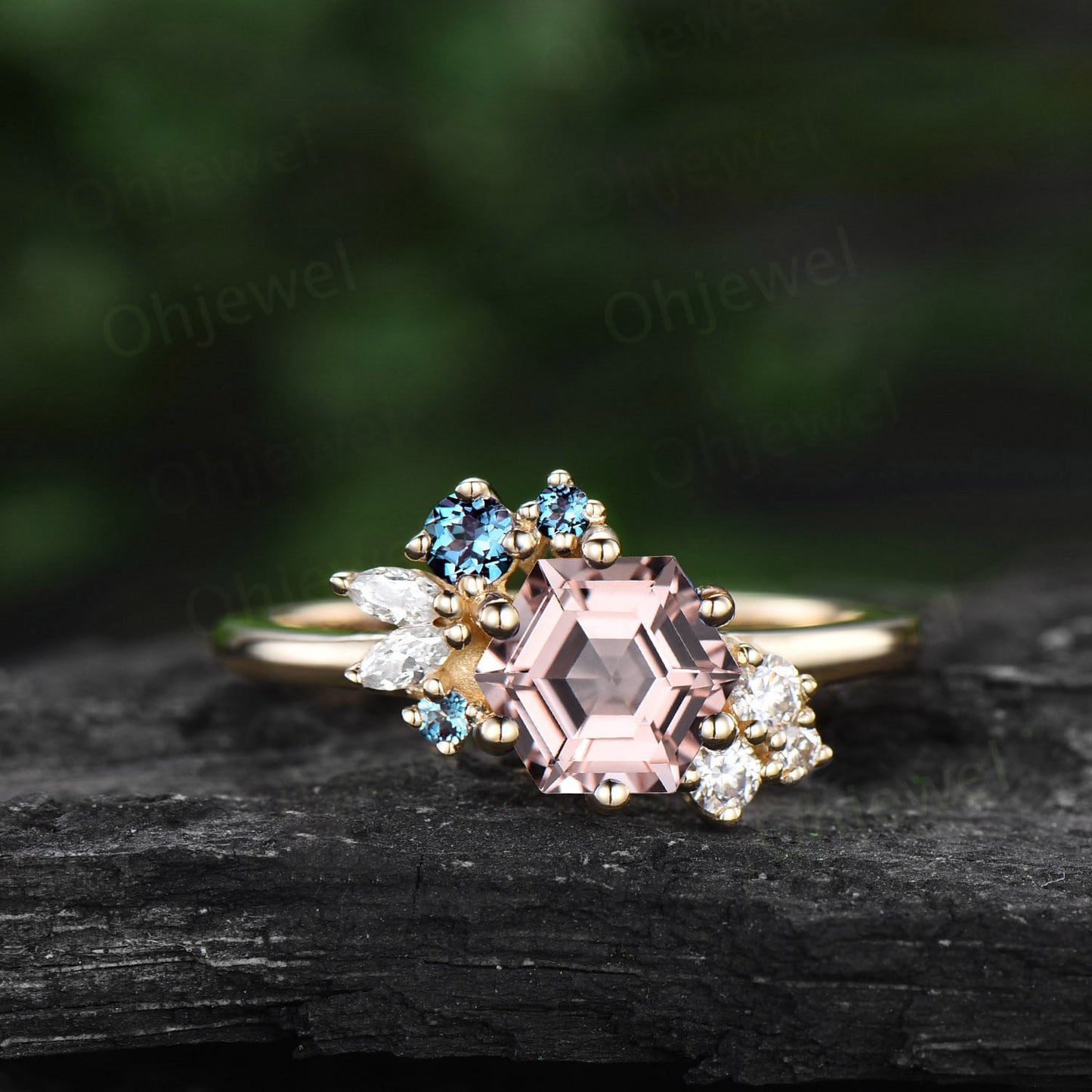 Hexagon cut pink morganite ring rose gold vintage unique engagement ring cluster Alexandrite  ring marquise diamond wedding ring for women