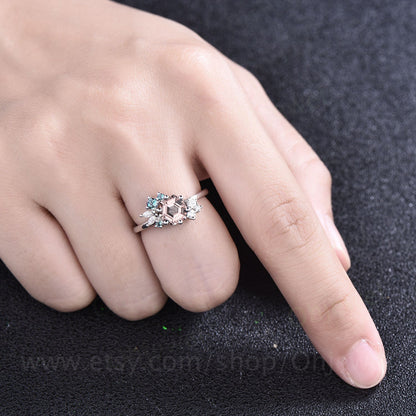 Hexagon cut pink morganite ring rose gold vintage unique engagement ring cluster Alexandrite  ring marquise diamond wedding ring for women