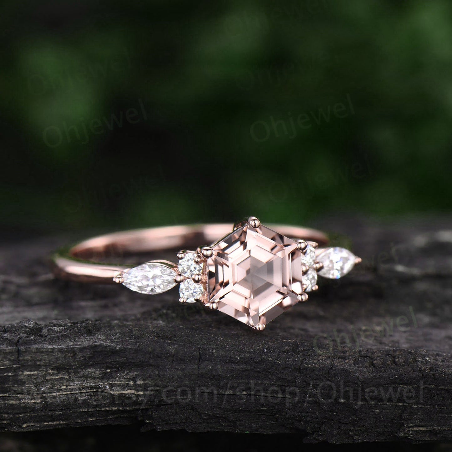 Morganite ring vintage Hexagon cut pink morganite engagement ring 14k rose gold marquise cut diamond ring for women unique promise ring her