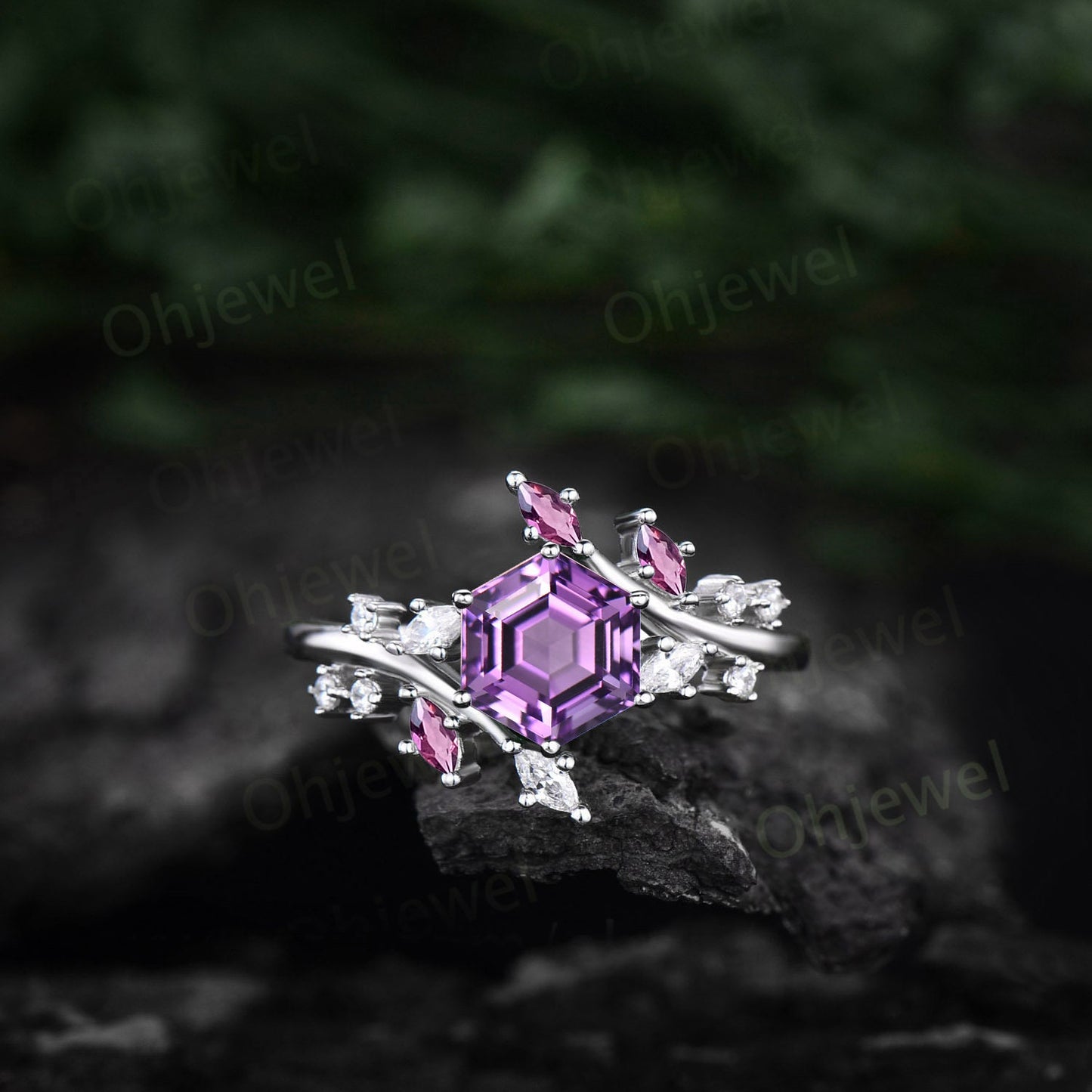 Vintage Hexagon cut amethyst engagement ring rose gold silver marquise diamond Pink Tourmaline ring cluster leaf unique wedding ring women