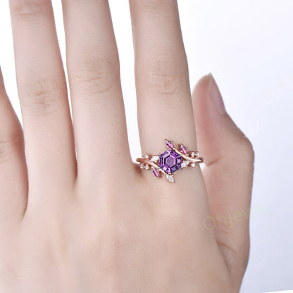 Vintage Hexagon cut amethyst engagement ring rose gold silver marquise diamond Pink Tourmaline ring cluster leaf unique wedding ring women