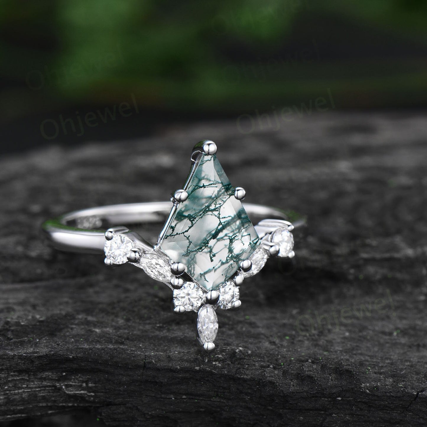 6 prong kite cut green moss agate engagement ring set 14k rose gold marquise diamond vintage unique wedding promise anniversary ring women