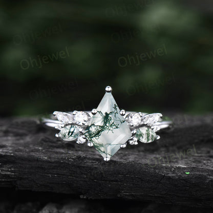 Kite cut moss agate ring gold silver vintage unique engagement ring cluster diamond ring marquise cut moss agate ring wedding ring for women