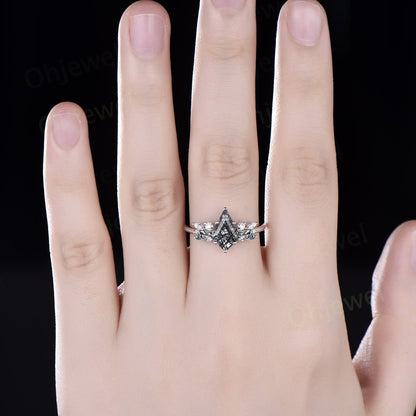 Marquise Kite cut black rutilated quartz ring vintage unique engagement ring for women solid 14k rose gold diamond promise anniversary ring