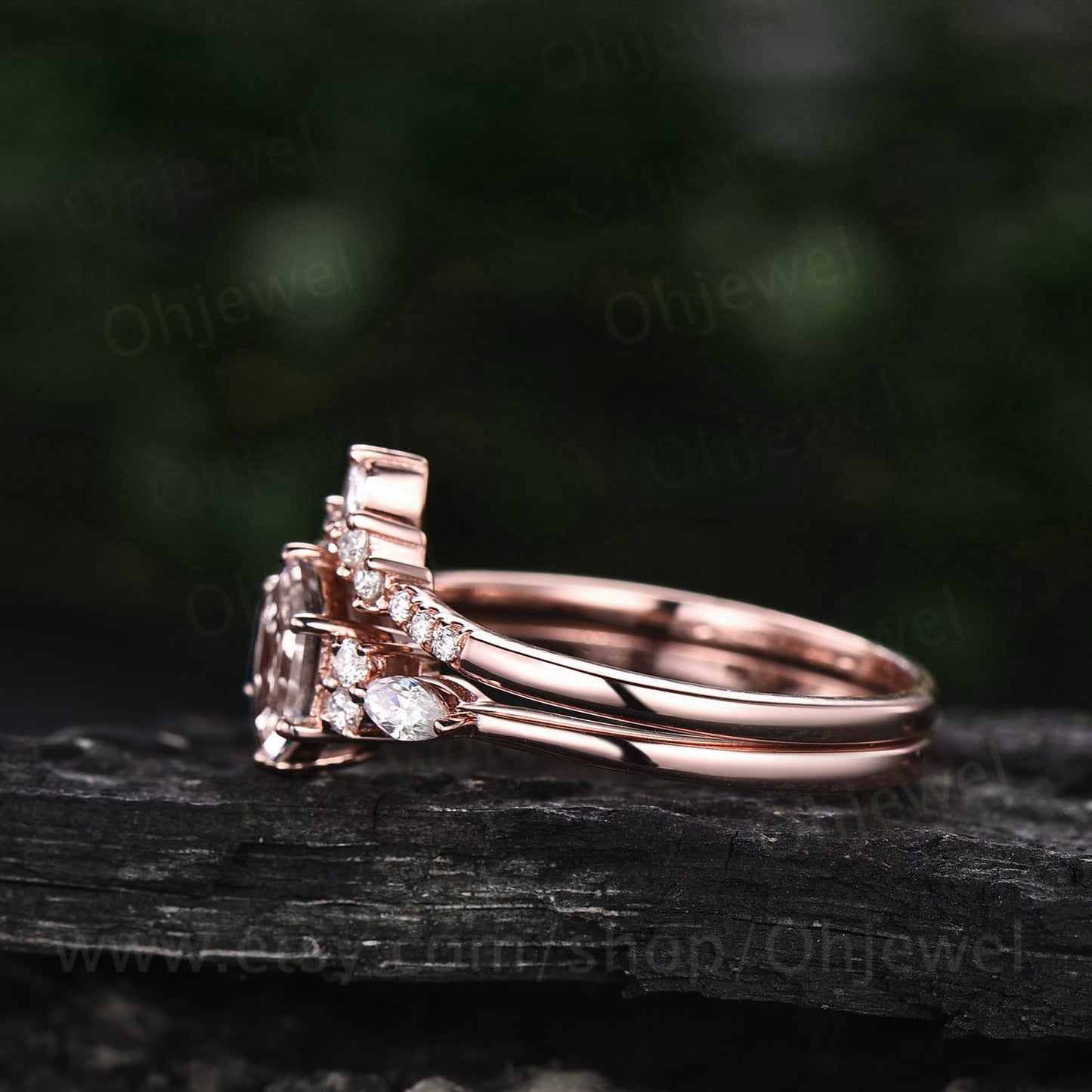 Unique hexagon cut morganite engagement ring set vintage marquise diamond ring set 14k rose gold dainty wedding ring bridal set for women