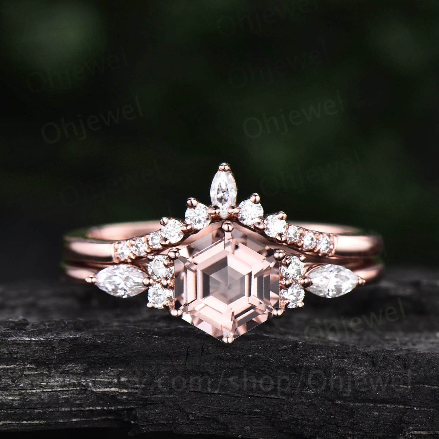 Unique hexagon cut morganite engagement ring set vintage marquise diamond ring set 14k rose gold dainty wedding ring bridal set for women