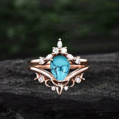 Unique bridal ring set pear turquoise engagement ring set vintage diamond ring set rose gold silver women cluster marquise ring fine jewelry