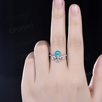 Unique bridal ring set pear turquoise engagement ring set vintage diamond ring set rose gold silver women cluster marquise ring fine jewelry