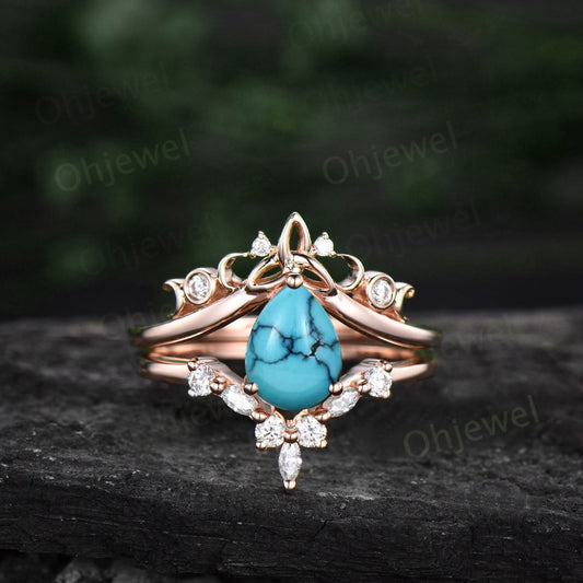 Unique bridal ring set pear turquoise engagement ring set vintage diamond ring set rose gold silver women cluster marquise ring fine jewelry