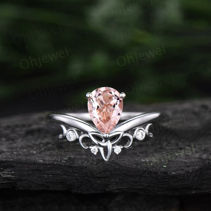 Pear shaped morganite ring rose gold vintage cluster unique engagement ring art deco diamond anniversary promise wedding ring set for women