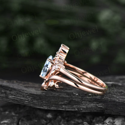 Pear shaped Aquamarine ring rose gold vintage cluster unique engagement ring marquise diamond anniversary promise wedding ring set for women