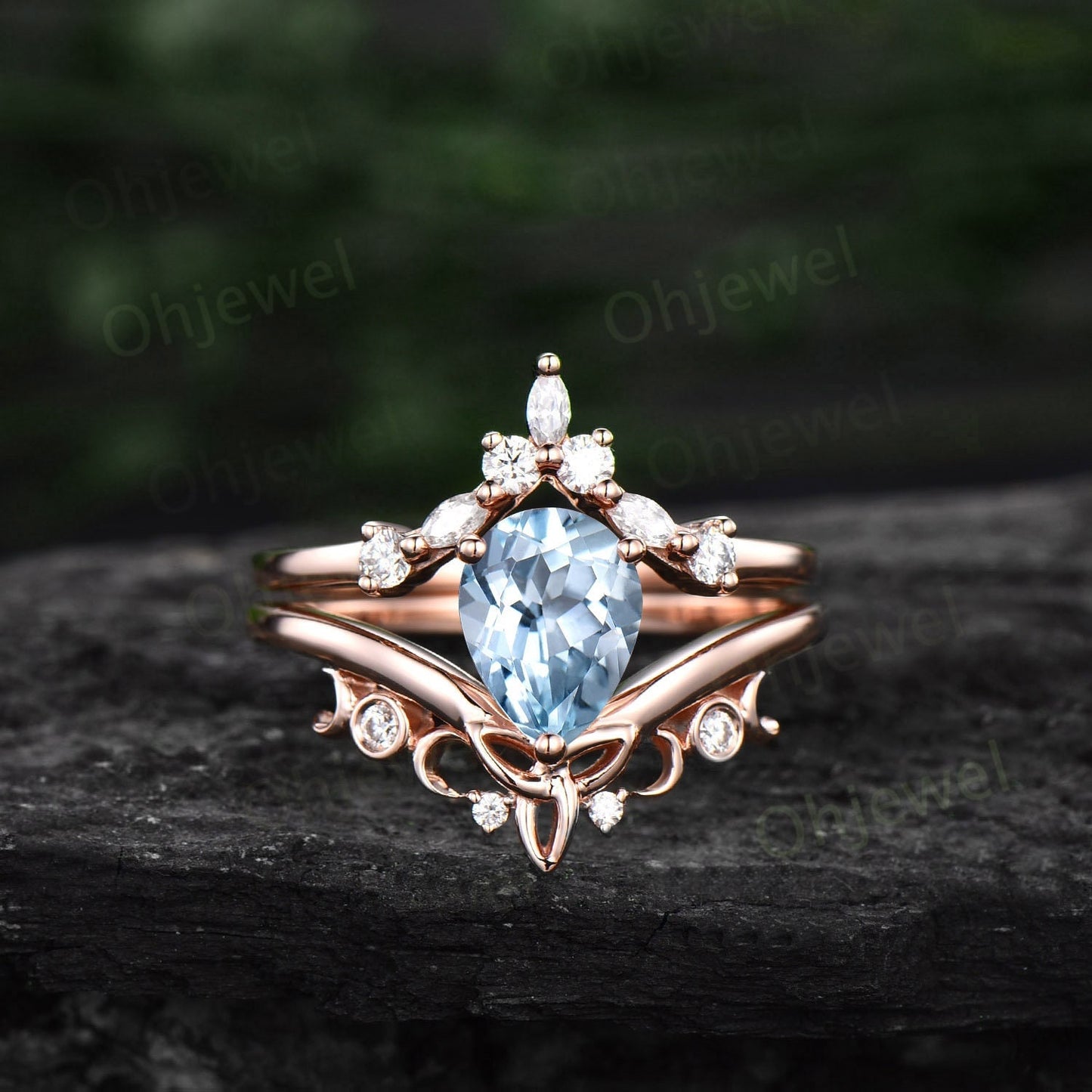 Pear shaped Aquamarine ring rose gold vintage cluster unique engagement ring marquise diamond anniversary promise wedding ring set for women
