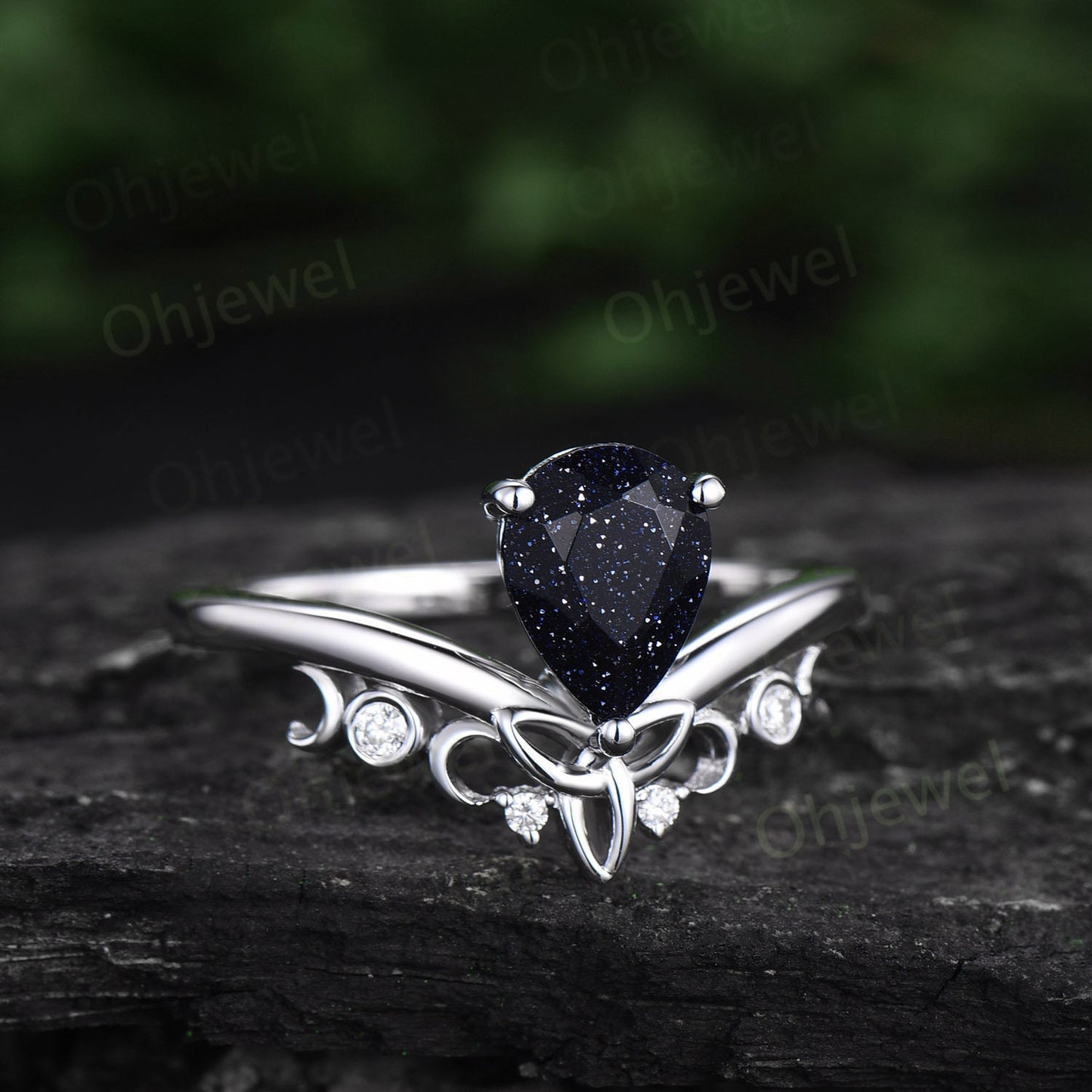 Pear shaped blue sandstone ring blue goldstone ring unique engagement ring 14k rose gold sterling silver anniversary ring women gifts