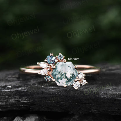 Vintage 7mm Hexagon cut green moss agate engagement ring rose gold marquise unique cluster engagement ring alexandrite diamond ring women