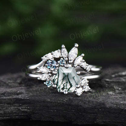 Hexagon cut moss agate ring white gold vintage unique engagement ring set cluster Alexandrite ring art deco diamond wedding ring for women