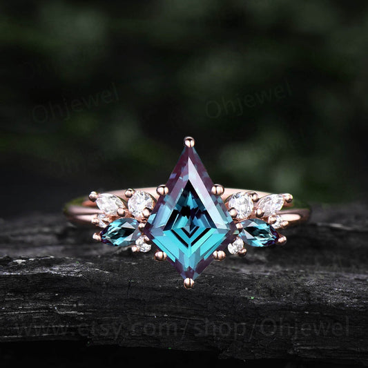 Kite cut alexandrite ring rose gold cluster unique engagement ring for women marquise cut ring diamond anniversary ring June birthstone ring