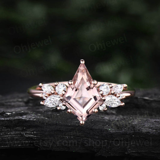 Vintage kite cut pink morganite engagement ring 14k rose gold cluster marquise cut diamong ring for women 6 prong set wedding promise ring
