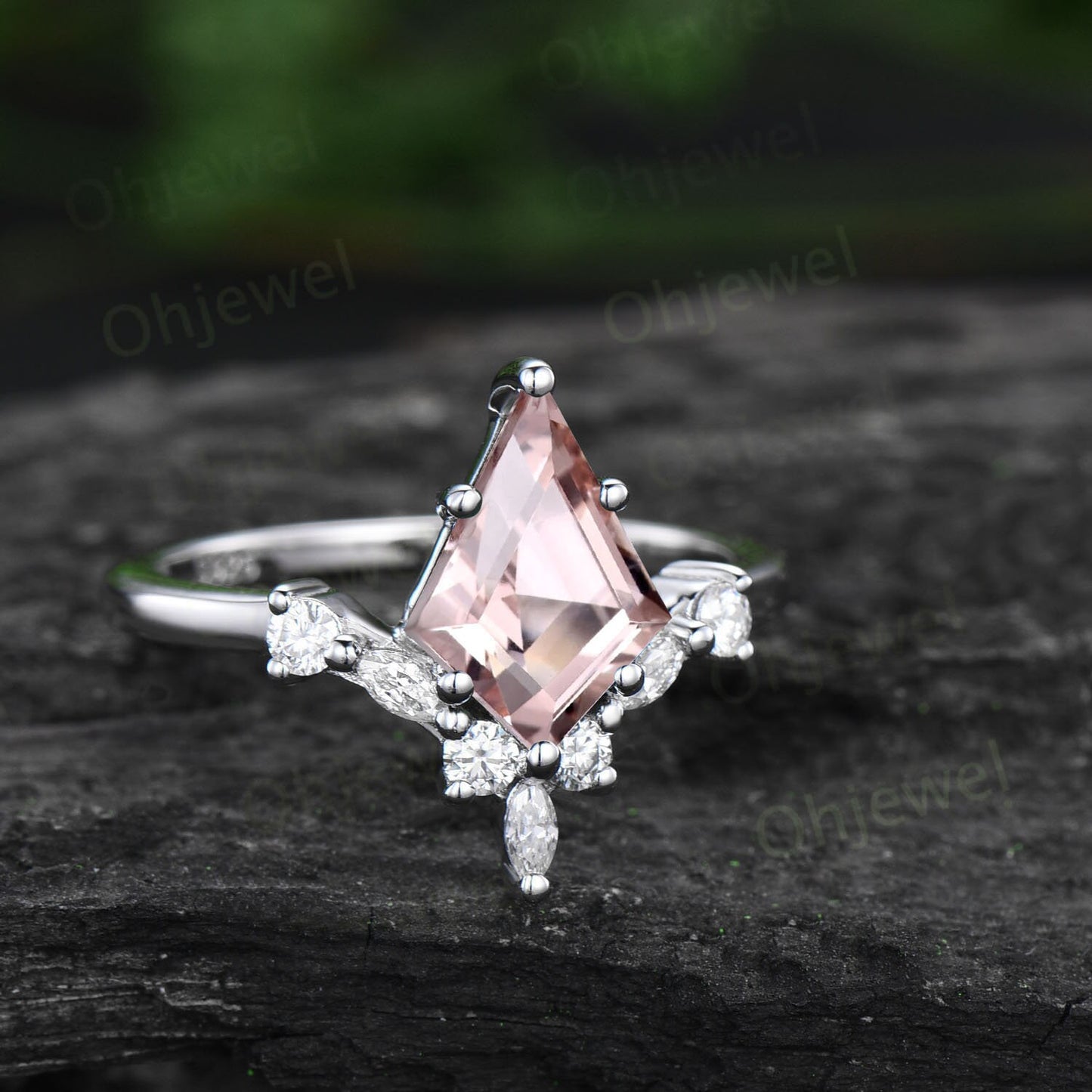 Unique kite cut pink morganite engagement ring solid 14k rose gold curved art deco diamond ring vintage wedding ring for women fine jewelry