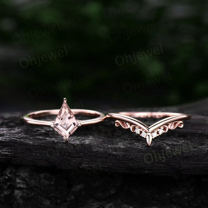 1ct kite cut pink morganite ring rose gold unique solitaire engagement ring set vintage style diamond wedding ring band women bridal set