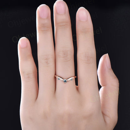 Vintage style three stone Alexandrite wedding band 14k rose gold silver bat curved stacking V shaped anniversary wedding ring band for women