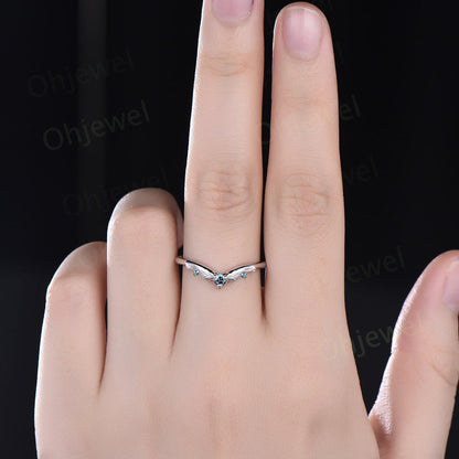 Vintage style three stone Alexandrite wedding band 14k rose gold silver bat curved stacking V shaped anniversary wedding ring band for women