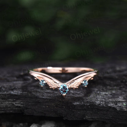 Vintage style three stone Alexandrite wedding band 14k rose gold silver bat curved stacking V shaped anniversary wedding ring band for women