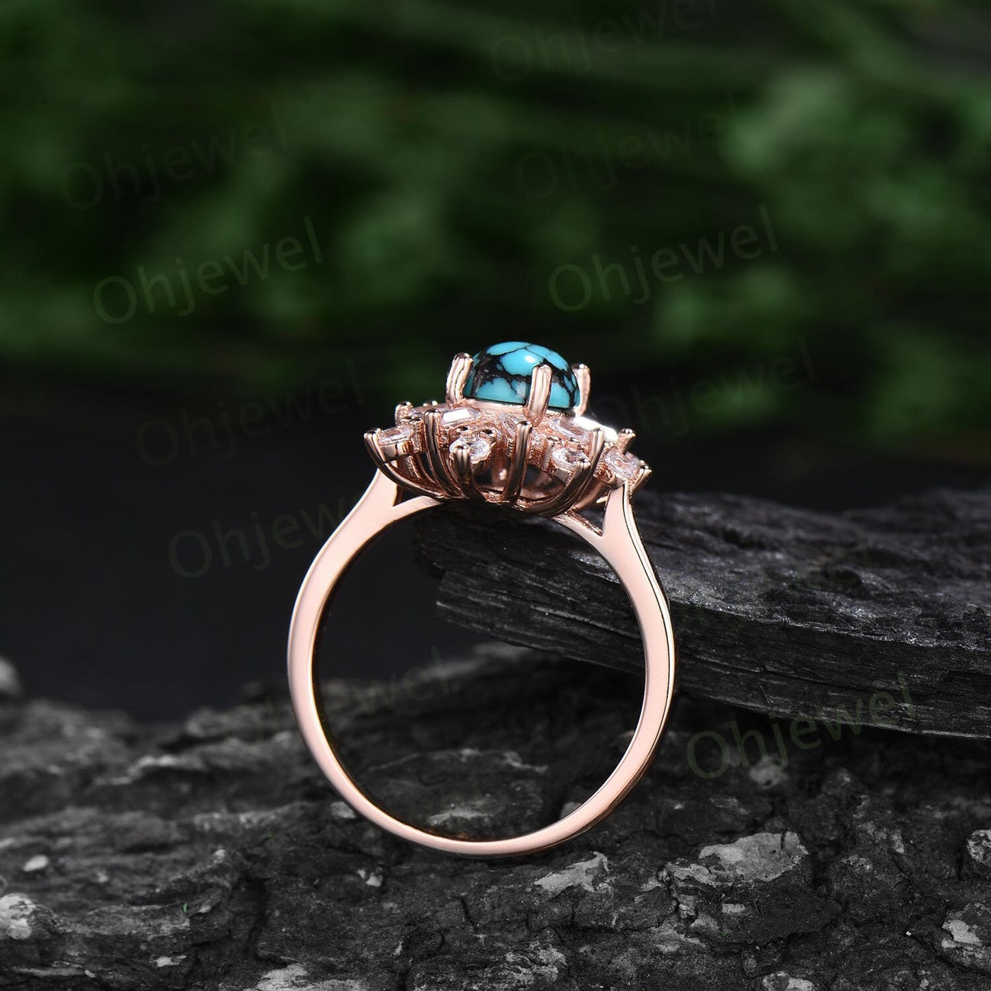 Oval cut natural Turquoise ring vintage rose gold halo unique engagement ring women cluster baguette cut moissanite wedding promise ring