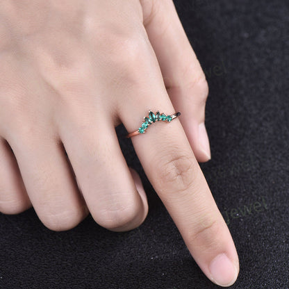 Vintage marquise cut emerald wedding band 14k rose gold sterling silver emerald ring crown curved wedding ring band stacking ring women gift