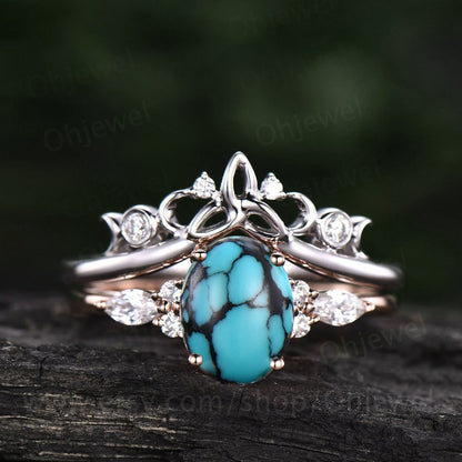 Oval natural turquoise ring rose gold vintage unique engagement ring set for women art deco moissanite promise bridal wedding ring set gift