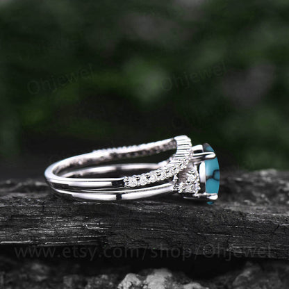 Vintage oval natural turquoise engagement ring set white gold alternative unique snowdrift engagement ring diamond bridal ring set for women